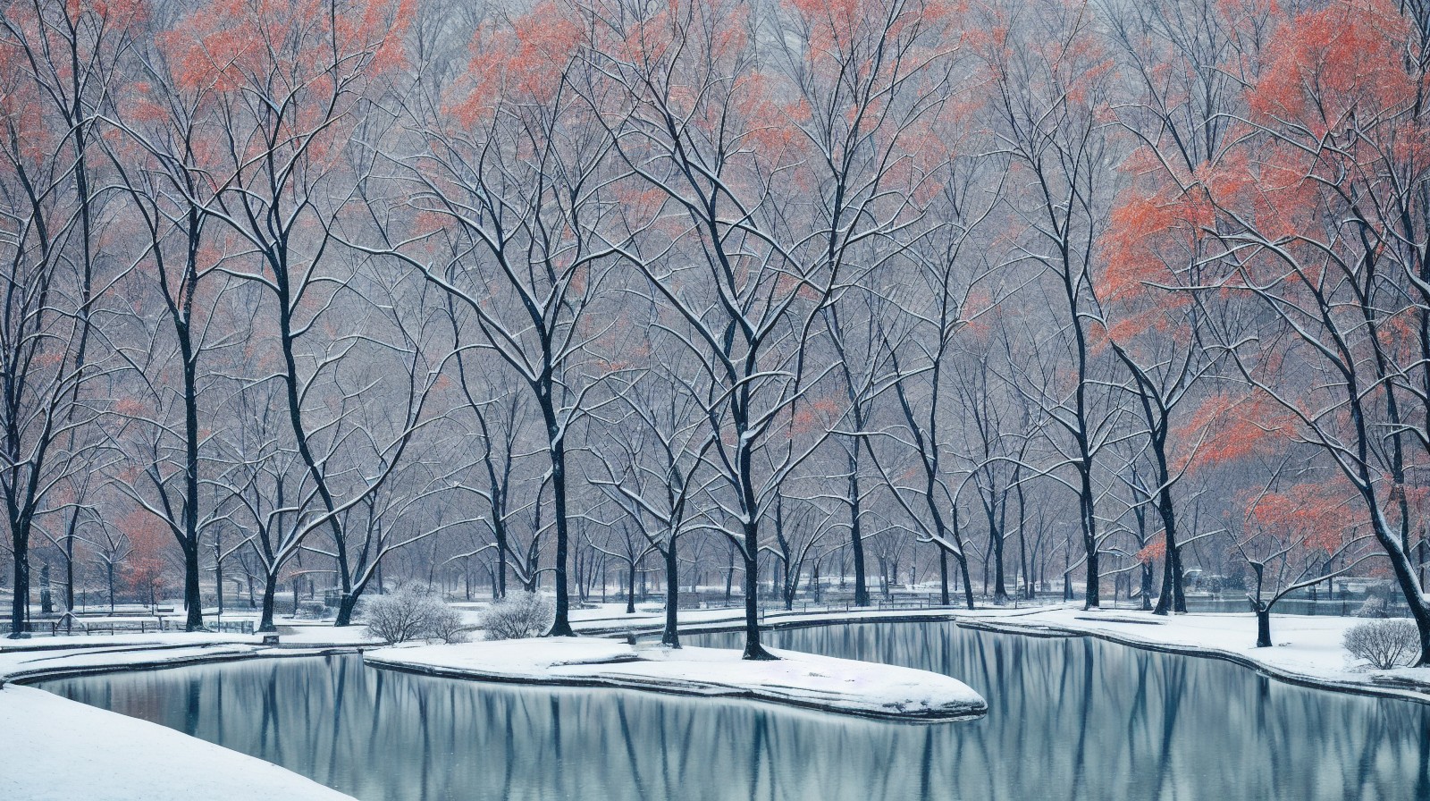 冬天公园里的树木湖面与雪景